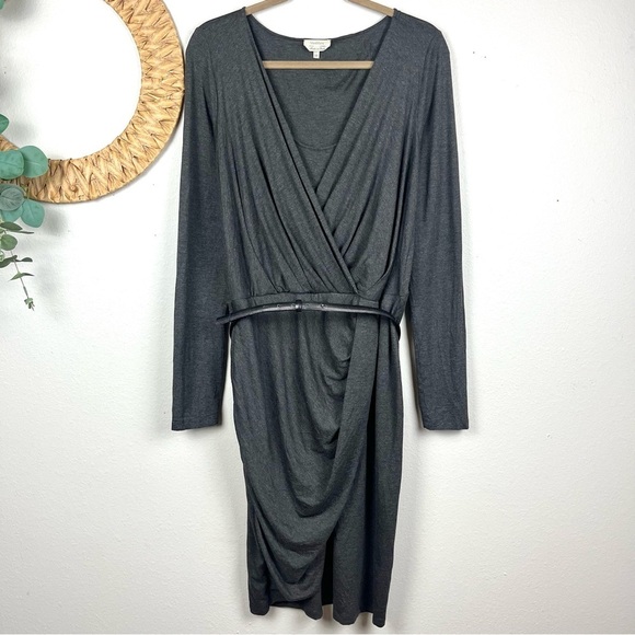 Max Mara Draped Jersey Gray V-Neck Belted Long Sleeve Sheath Dress 48/Large 14 - Picture 1 of 8